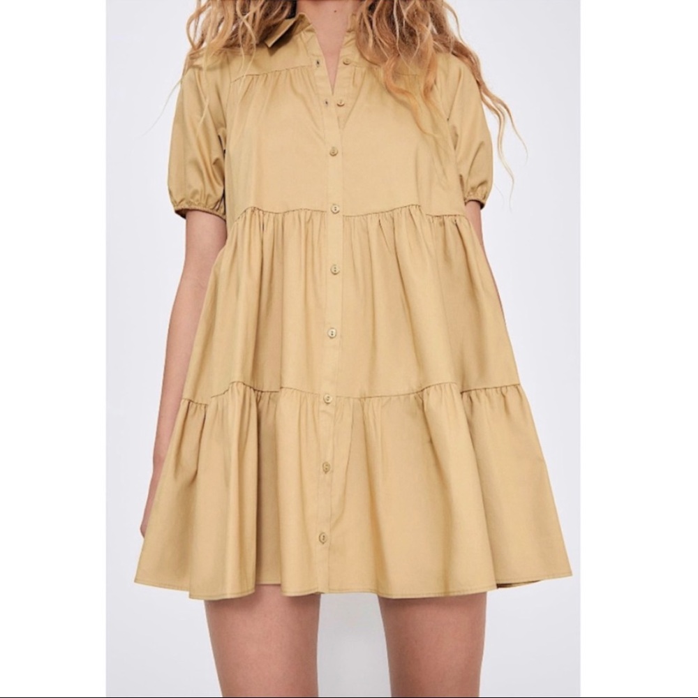 Zara Poplin Puff Sleeve Exaggerated Voluminous Flounce Babydoll Mini Dress Khaki